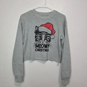 Freeze Gray Christmas Top Cat with Red Santa Hat Cropped Jersey Festive NWT SZ S